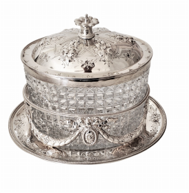 sOval Biscuit Barrel Crystal/English Silver Plate c.1860