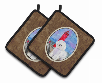 Lighthouse with Bichon Frise Pair of Pot Holders