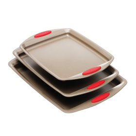 Bakeware Cookie Sheets with Handles Grip (Color: Gold with Red heat handles)