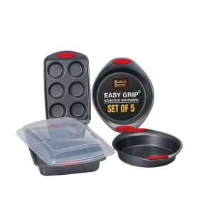 Baker's Secret Bakeware Sets - Baking Pans Set with Grip (Color: Dark Grey with Red heat handles)