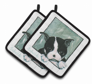 Dog Pair of Pot Holders (Color: Boston Terrier Don't Leave Me, size: 7.5 x 7.5)