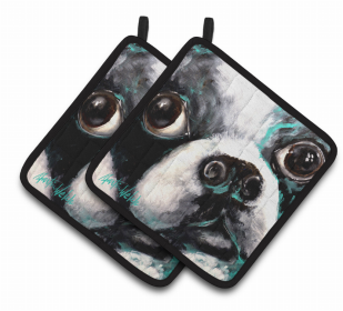 Dog Pair of Pot Holders (Color: Boston Terrier Jake Pretty Please, size: 7.5 x 7.5)