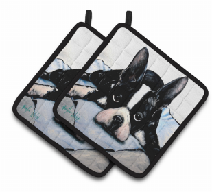 Dog Pair of Pot Holders (Color: Boston Terrier Jake Dog Tired, size: 7.5 x 7.5)