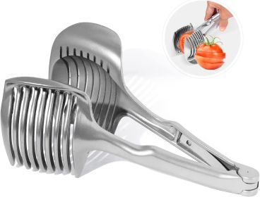 Tomato Slicer Lemon Cutter; Round Fruits Vegetable Cutting Tools  Handheld Tongs (Color: Stainless Steel Silver)