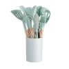 11pcs Wooden Handle Silicone Kitchen Utensils Set Storage Bucket Non-stick Shovel Spoon Cooking Kitchen Utensils 11 Pieces Set Silicone Shovel Spoon