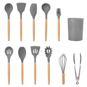 11Pcs Silicone Cooking Utensil Set Heat Resist Wooden Handle (Color: Grey)