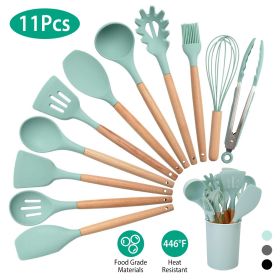 11Pcs Silicone Cooking Utensil Set Heat Resist Wooden Handle (Color: LightGreen)